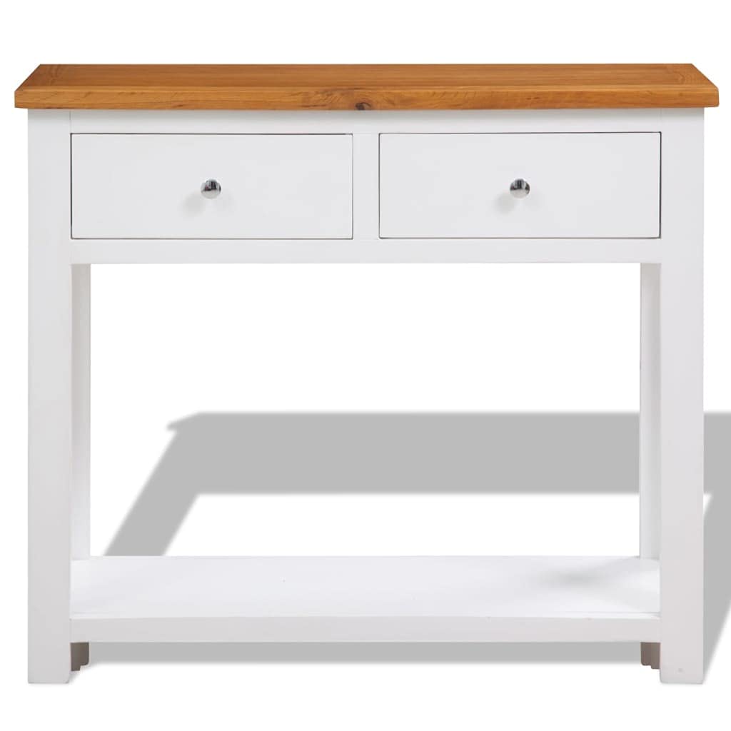 Solid Oak Wood Console Table with Two Drawers and Shelf Q883