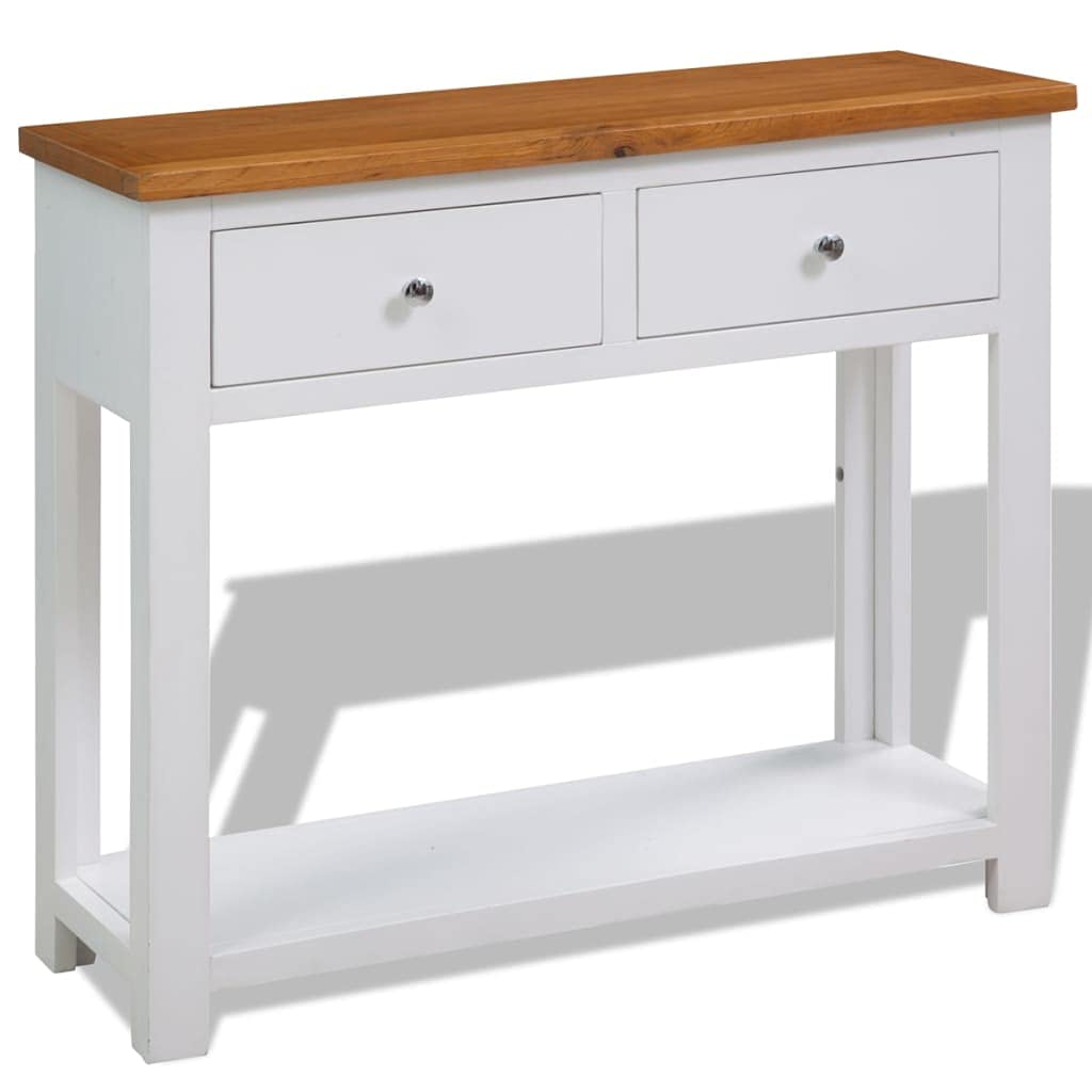 Solid Oak Wood Console Table with Two Drawers and Shelf Q883