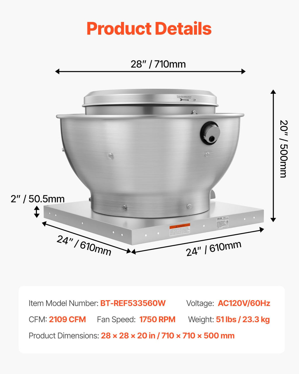 Commercial Kitchen Exhaust Fan 2109 CFM 0.75HP A920