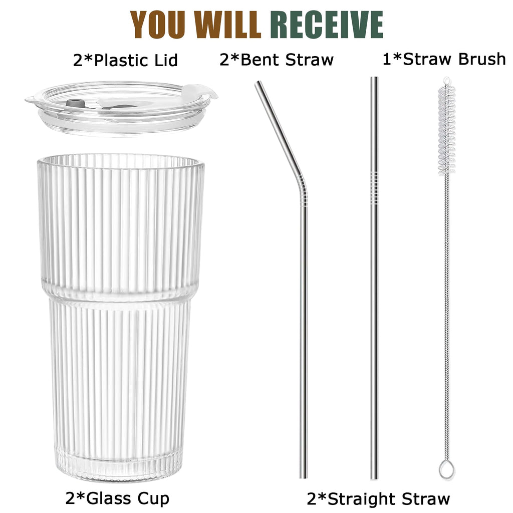 20 OZ Clear Ribbed Glass Cups with Lids and Straws 2 Pcs D804786