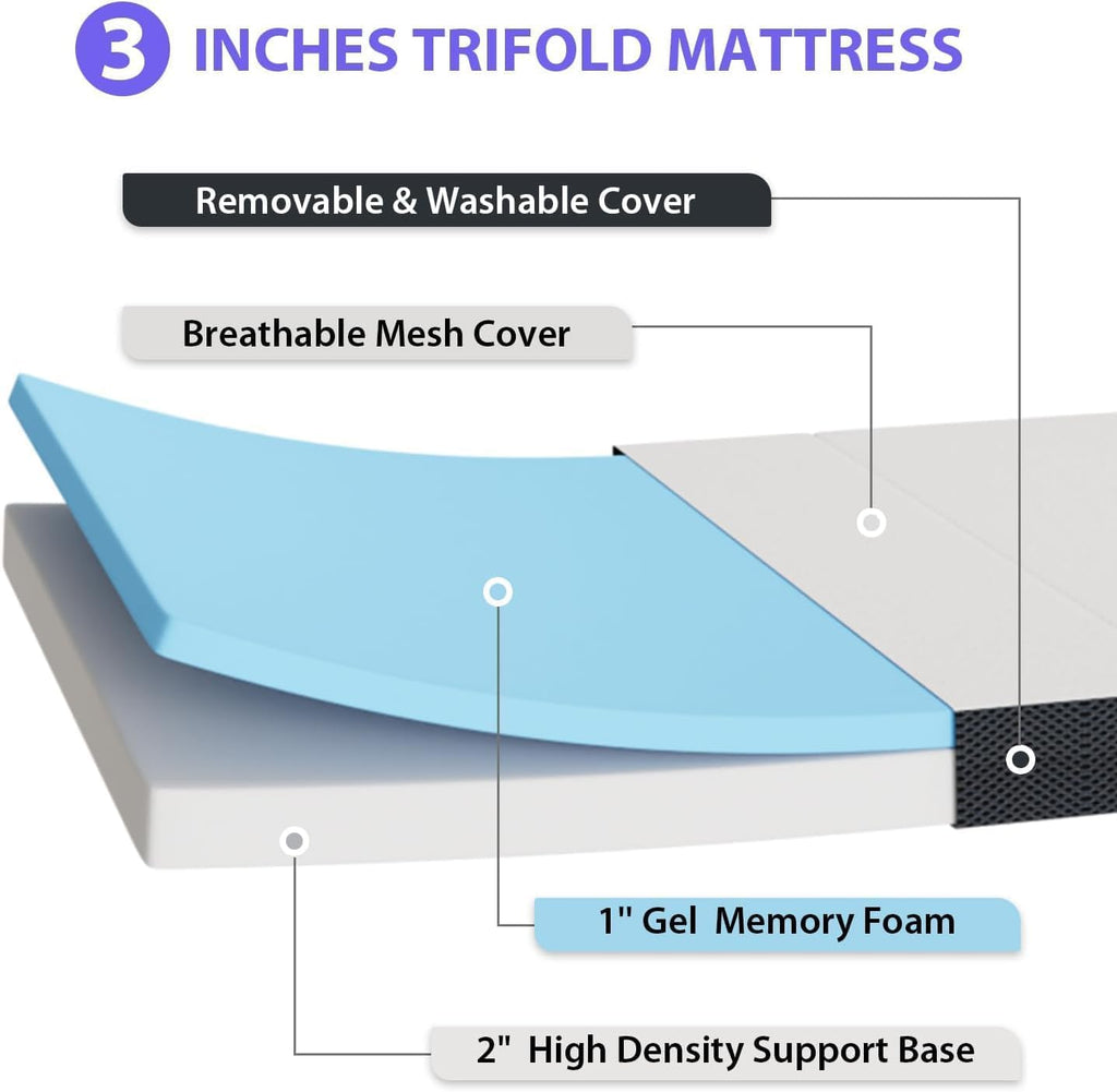 3 inch Tri Fold Memory Foam Mattress with Mesh Cover X324719
