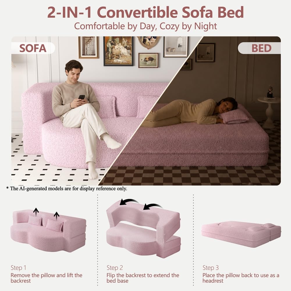 Pink Full Size Sherpa Futon Sofa Bed Q605438