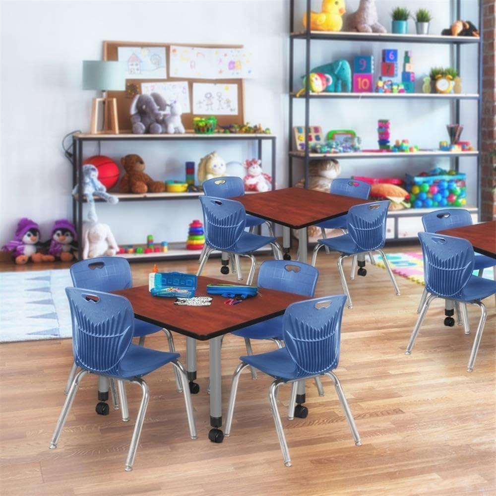 30" Square Mobile Table with 4 Blue Stackable Chairs V921