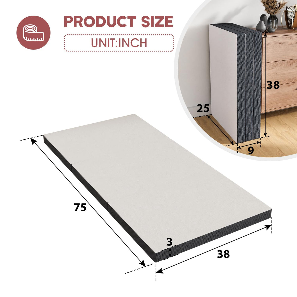 3 inch Tri Fold Memory Foam Mattress with Mesh Cover X324719