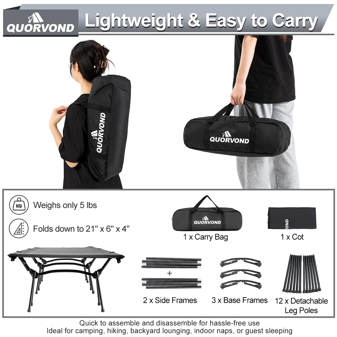 Adjustable Ultralight Folding Camping Cot 330lbs Black R97457