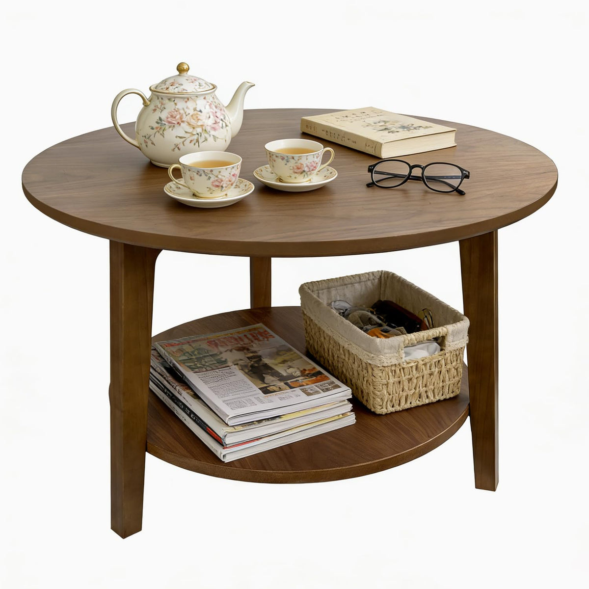 2-Tier Round Wood Coffee Table with Storage Shelf W5425