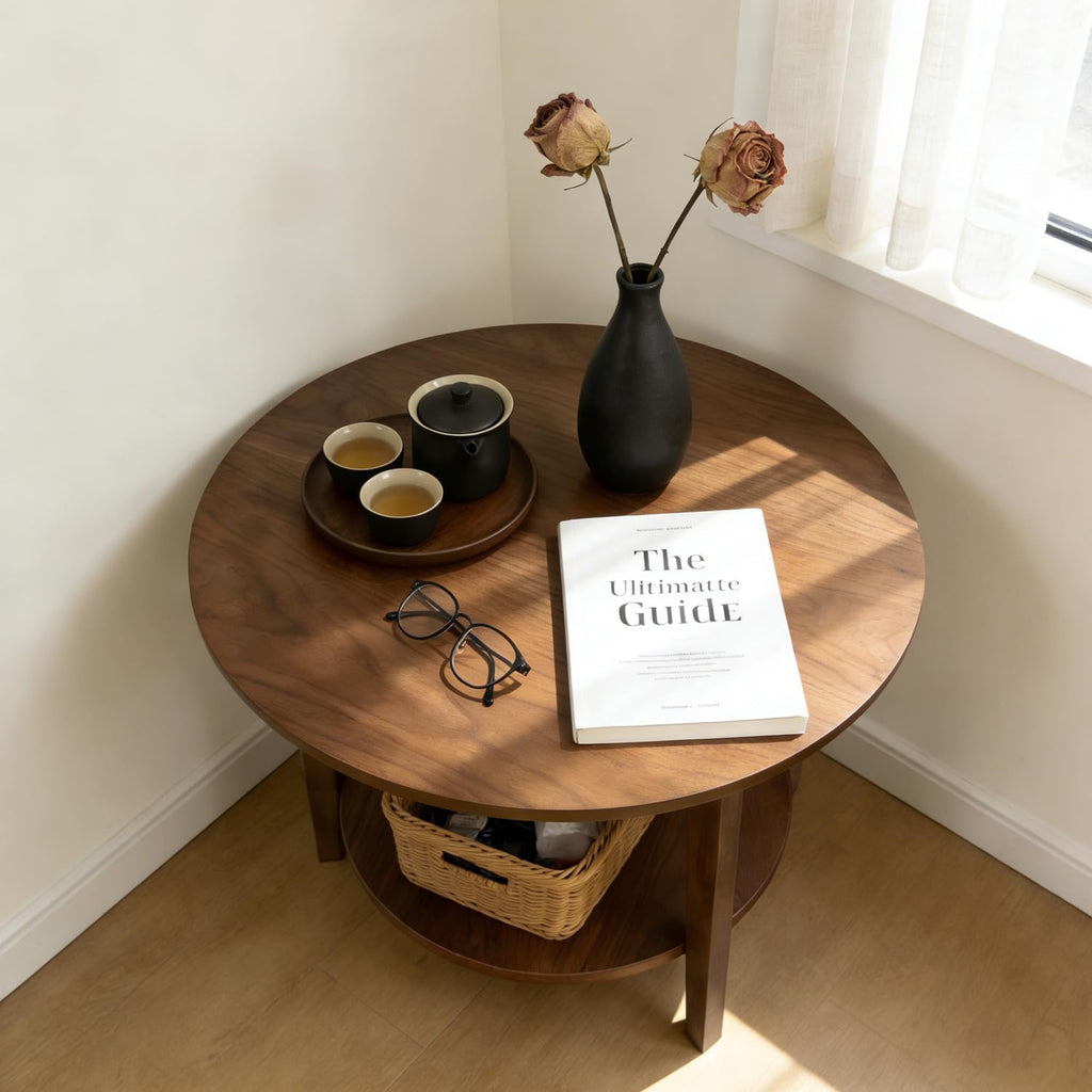 2-Tier Round Wood Coffee Table with Storage Shelf W5425