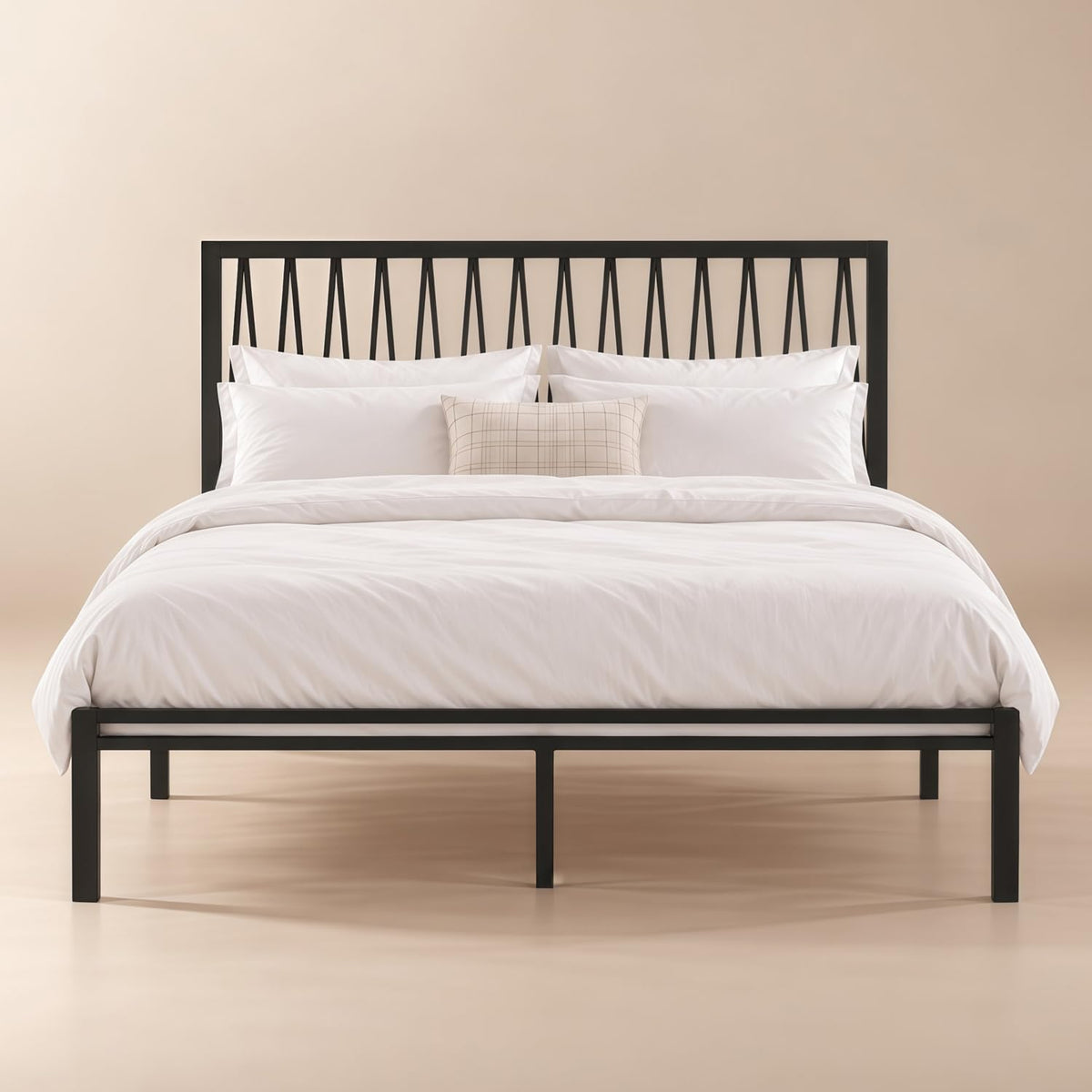 Black Metal Queen Bed Frame with Geometric Headboard Q727612