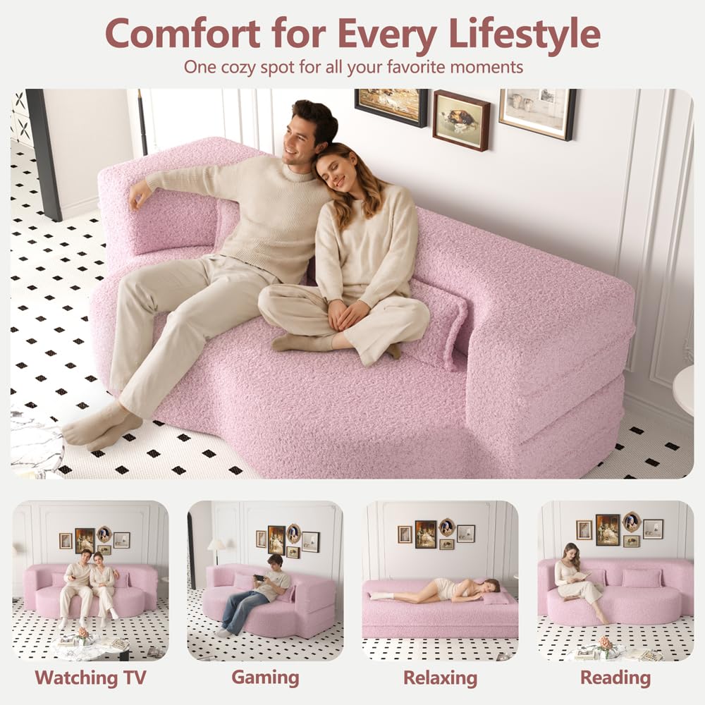 Pink Full Size Sherpa Futon Sofa Bed Q605438