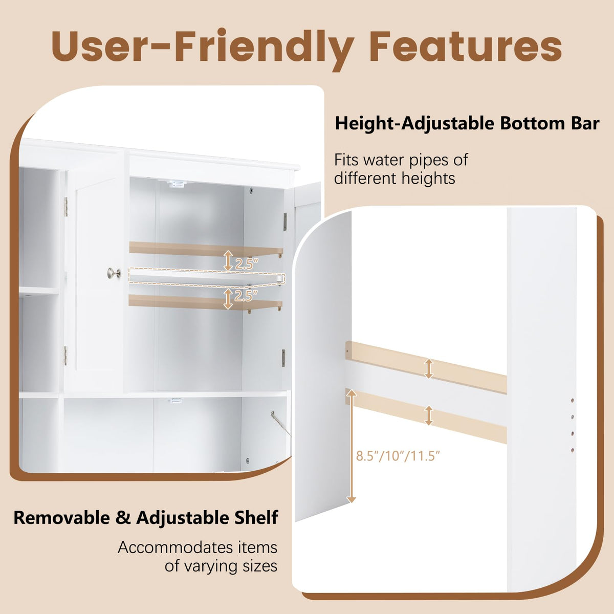Over The Toilet Storage Cabinet with Doors and Adjustable Shelf, White Y9759