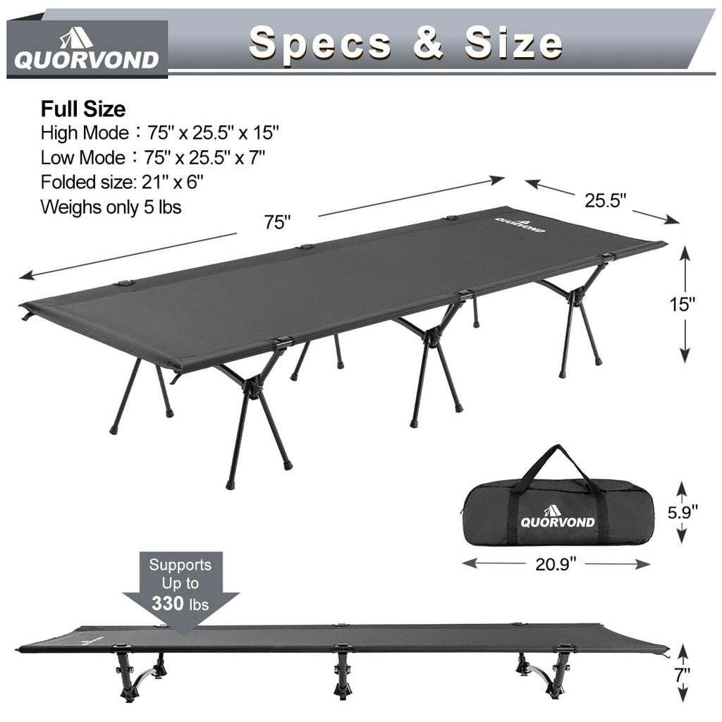 Adjustable Ultralight Folding Camping Cot 330lbs Black R97457