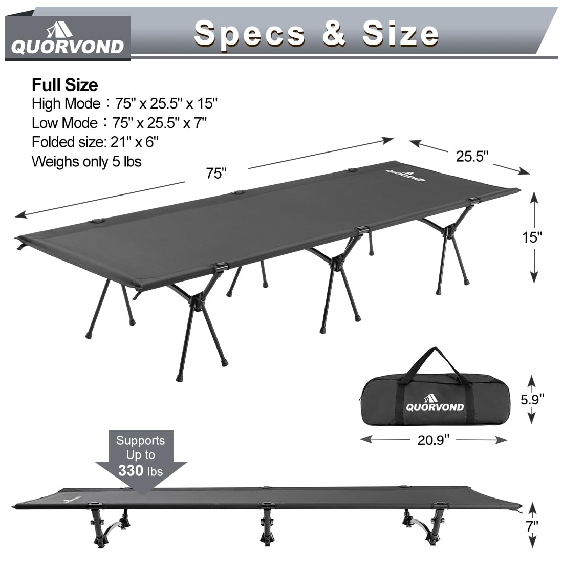 Adjustable Ultralight Folding Camping Cot 330lbs Black R97457