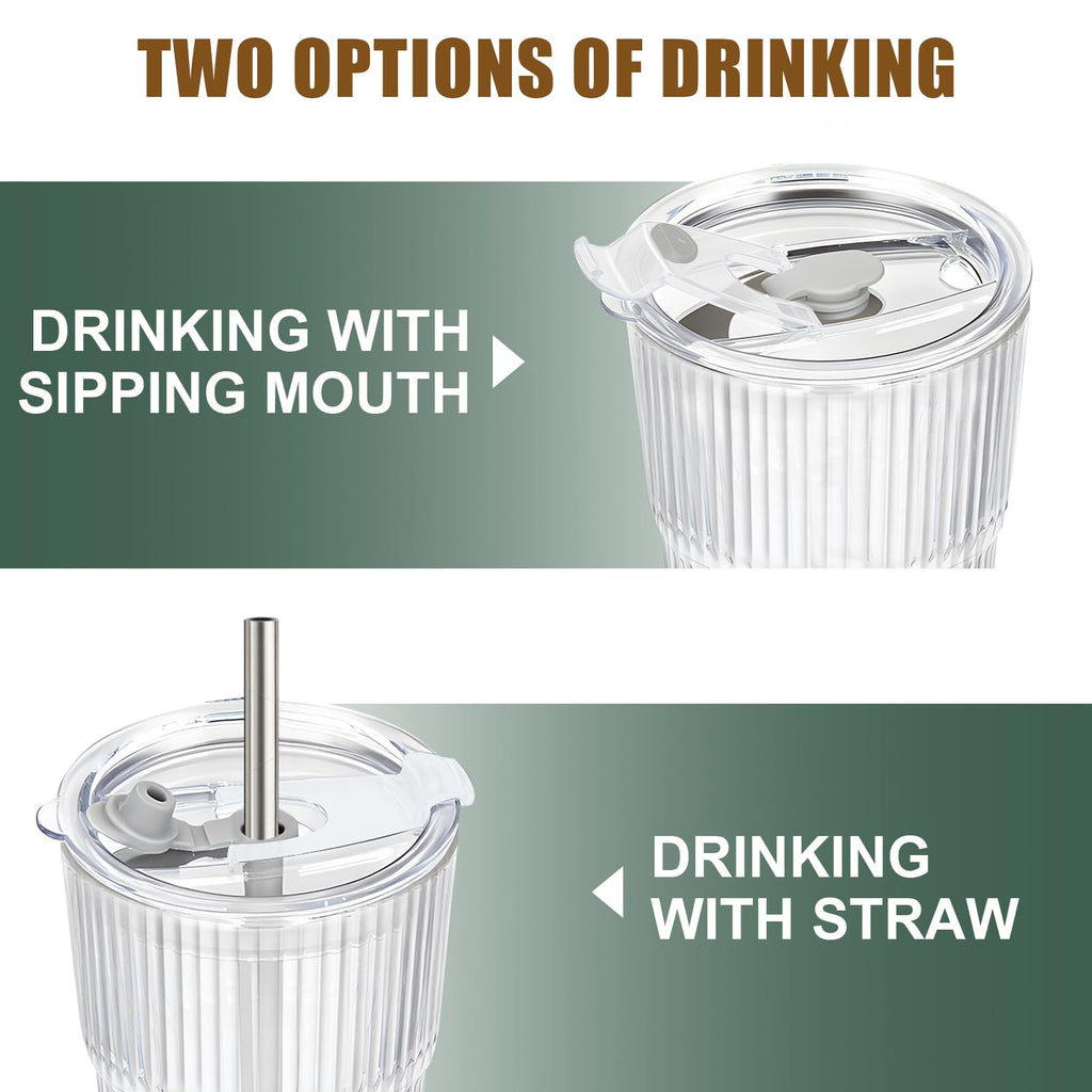 20 OZ Clear Ribbed Glass Cups with Lids and Straws 2 Pcs D804786