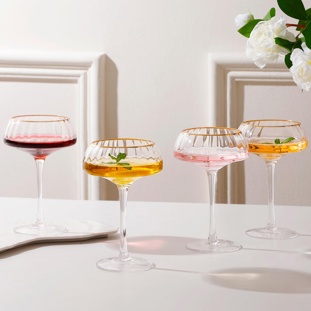 Coupe Glasses Set of 4 Hand Blown 8.45 oz Gold Rim W4473
