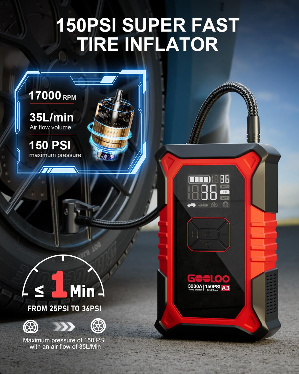 12V 3000A Portable Jump Starter with Air Compressor N28954