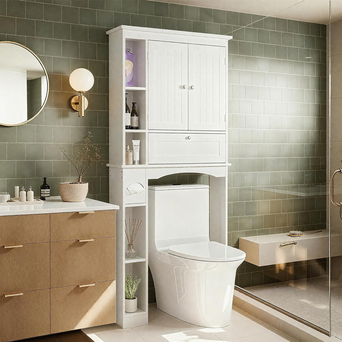 Over The Toilet Storage Cabinet with Doors and Adjustable Shelf, White Y9759