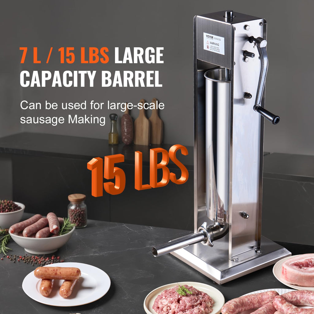 7 L Stainless Steel Manual Sausage Stuffer with 5 Stuffing Tubes W77088