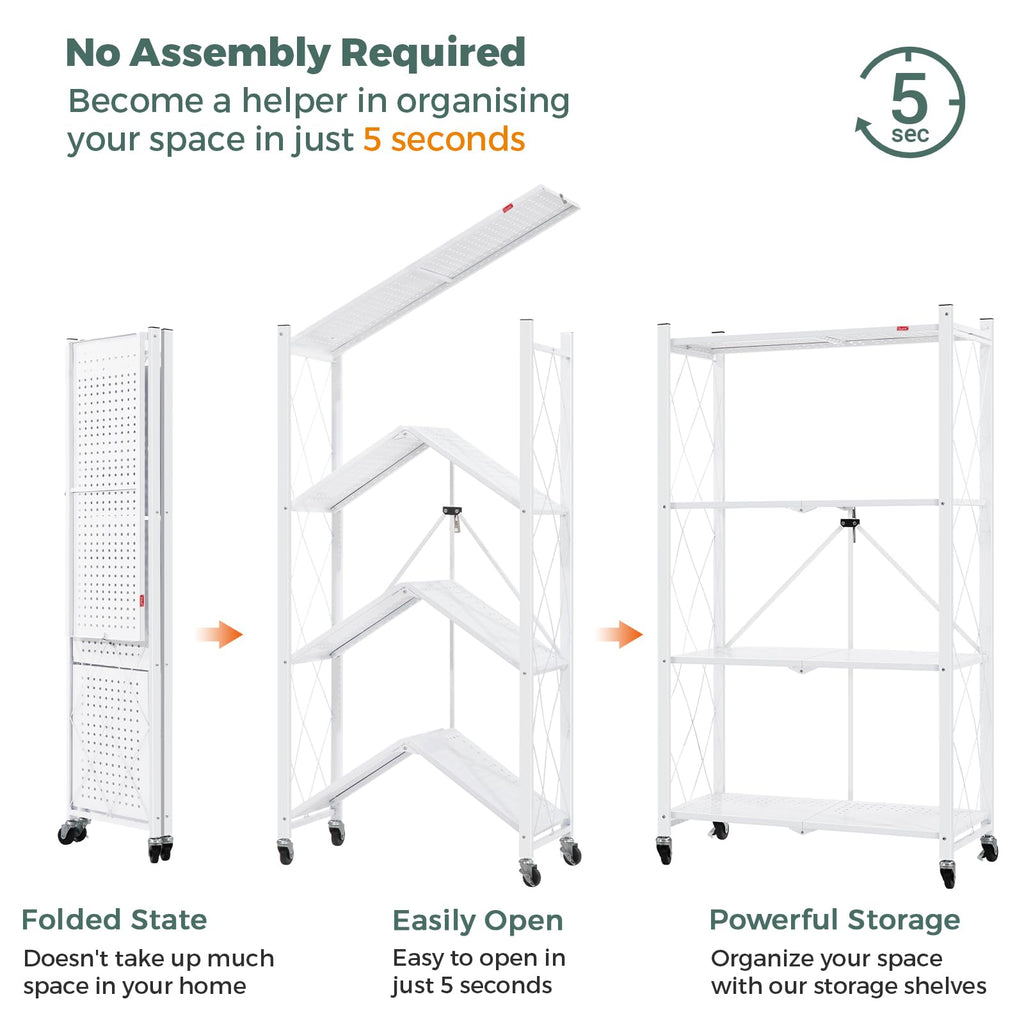 4 Tier White Metal Storage Shelves with Wheels D60205