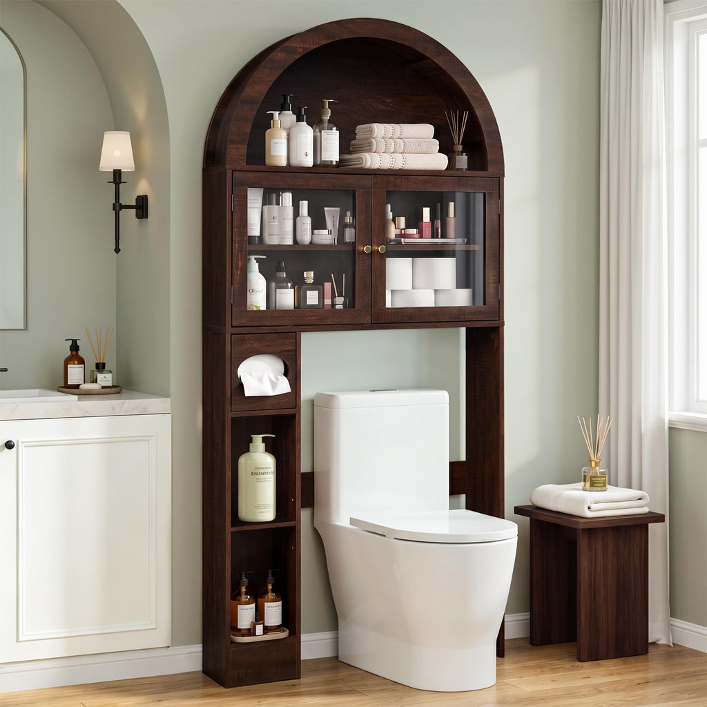 Over the Toilet Storage Cabinet with Arched Top, 68" Tall, Dark Walnut N9484