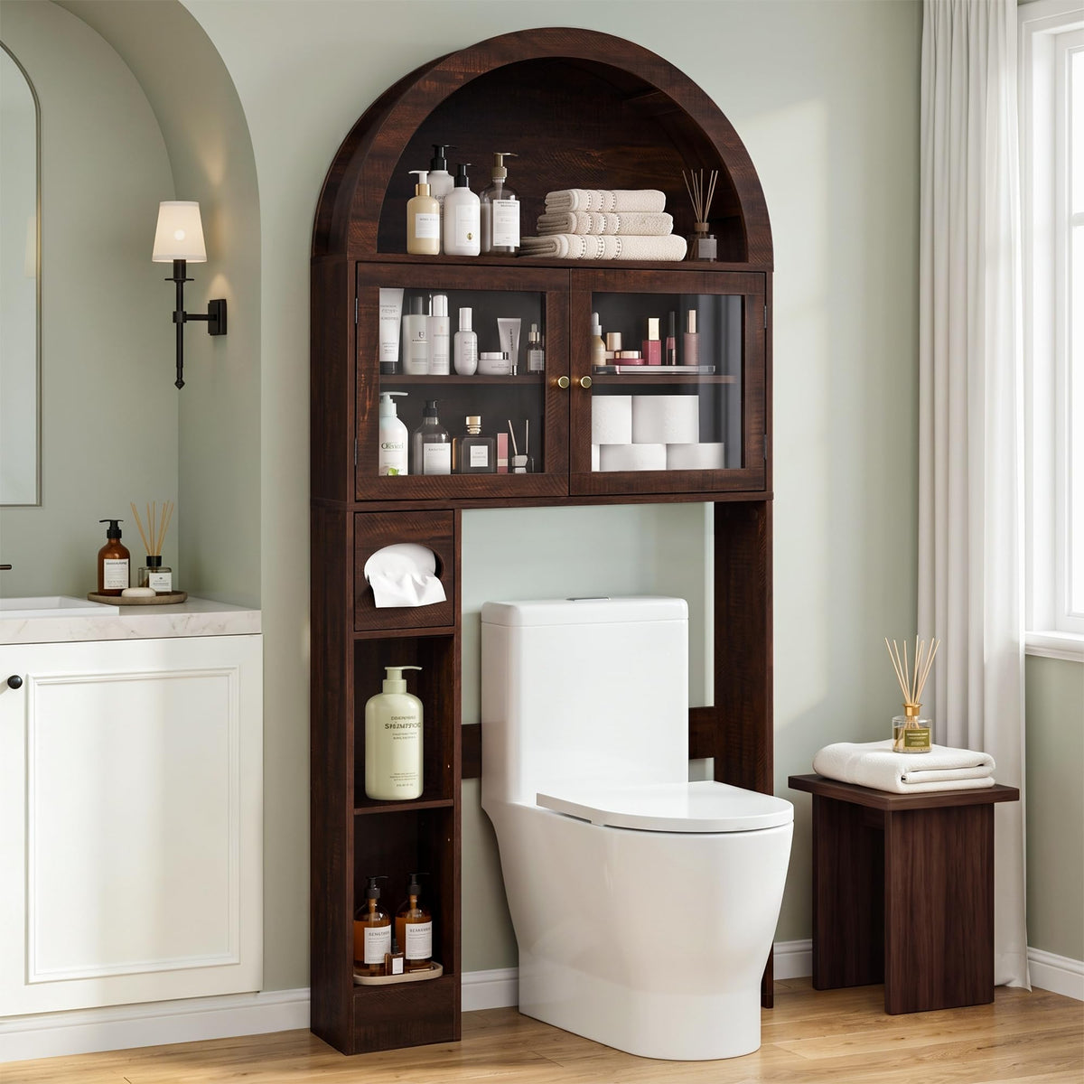 Over the Toilet Storage Cabinet with Arched Top, 68" Tall, Dark Walnut N9484