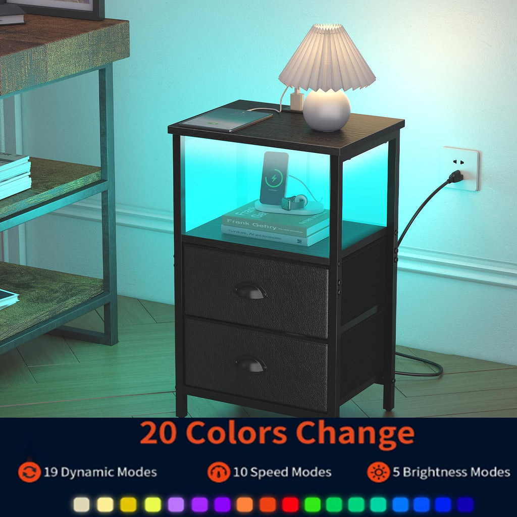 Black Nightstand with Charging Station and 2 Fabric Drawers V689