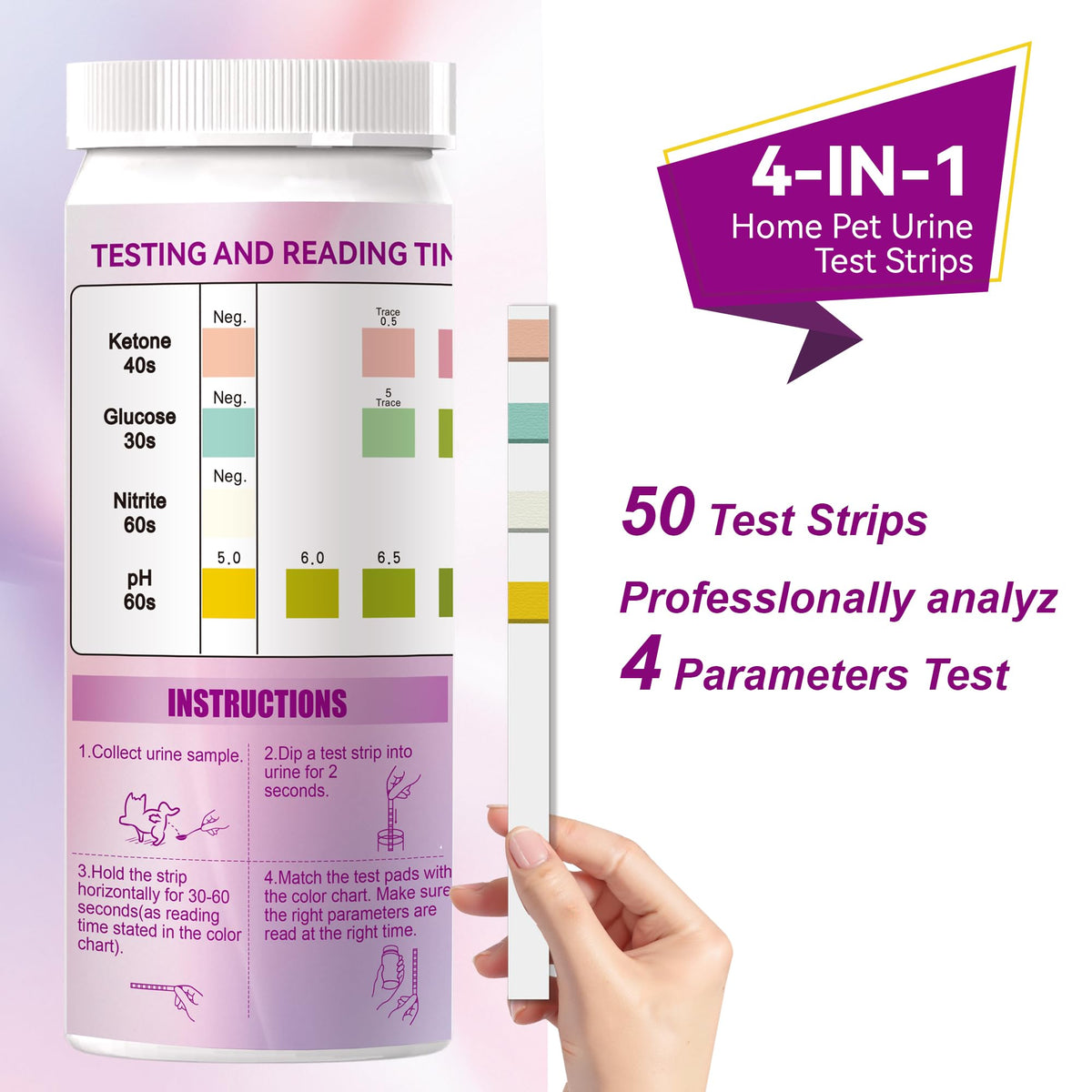 Dog & Cat Urine Test Strips, 4-in-1 Pet Urinalysis Testing Kit K1680