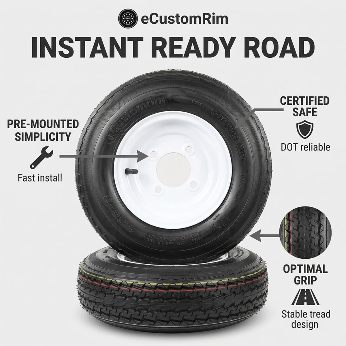 2-Pack Trailer Tire Rim Assembly 480-8 4.80-8 8 Inch LRC 4 Lug X31757