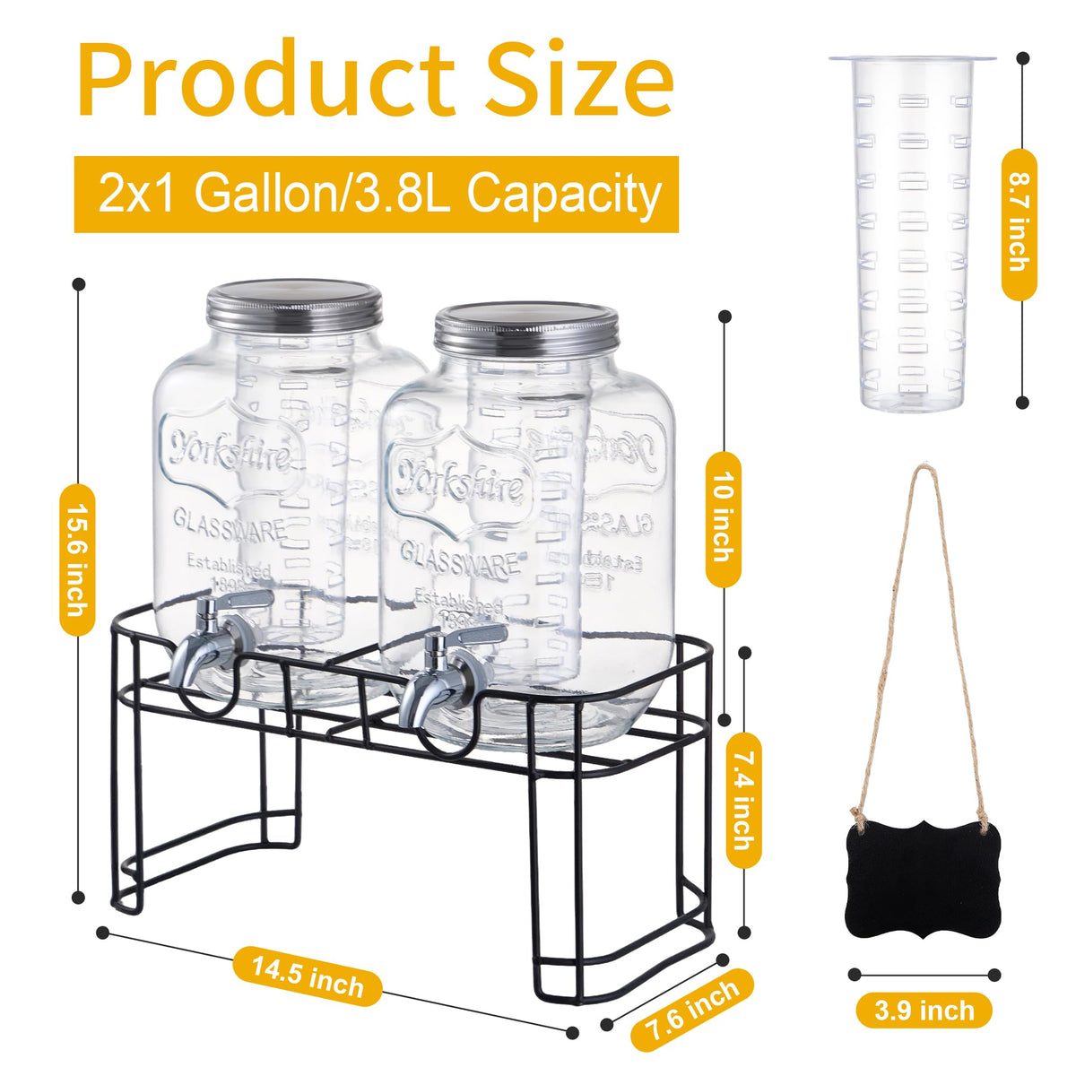 1 Gallon Glass Beverage Dispenser Set of 2 with Stand & Fruit Infuser V3334