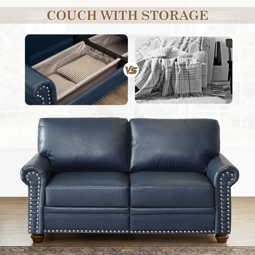 Navy Blue Faux Leather 2 Seater Sofa with Nailhead Trim J217