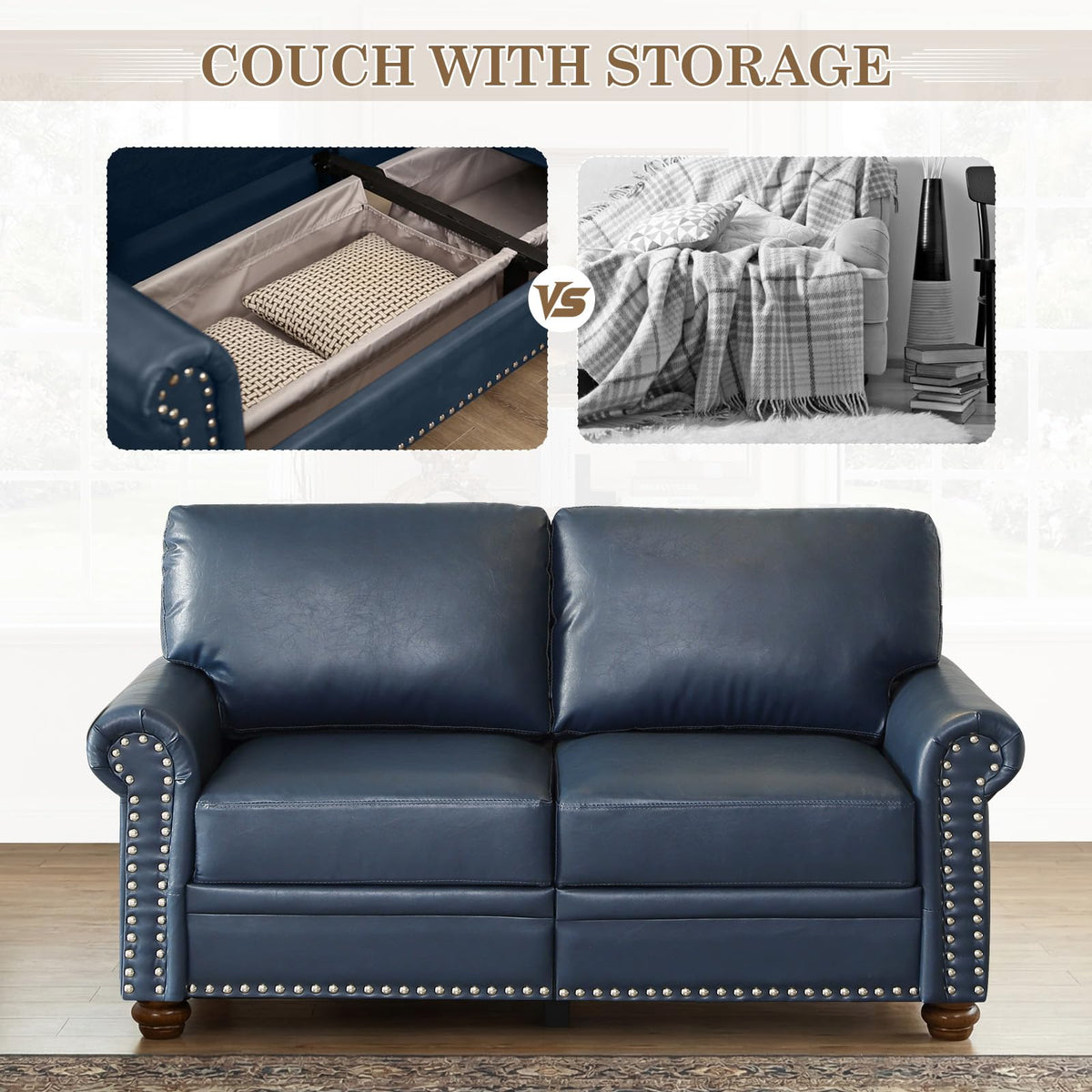 Navy Blue Faux Leather 2 Seater Sofa with Nailhead Trim J217