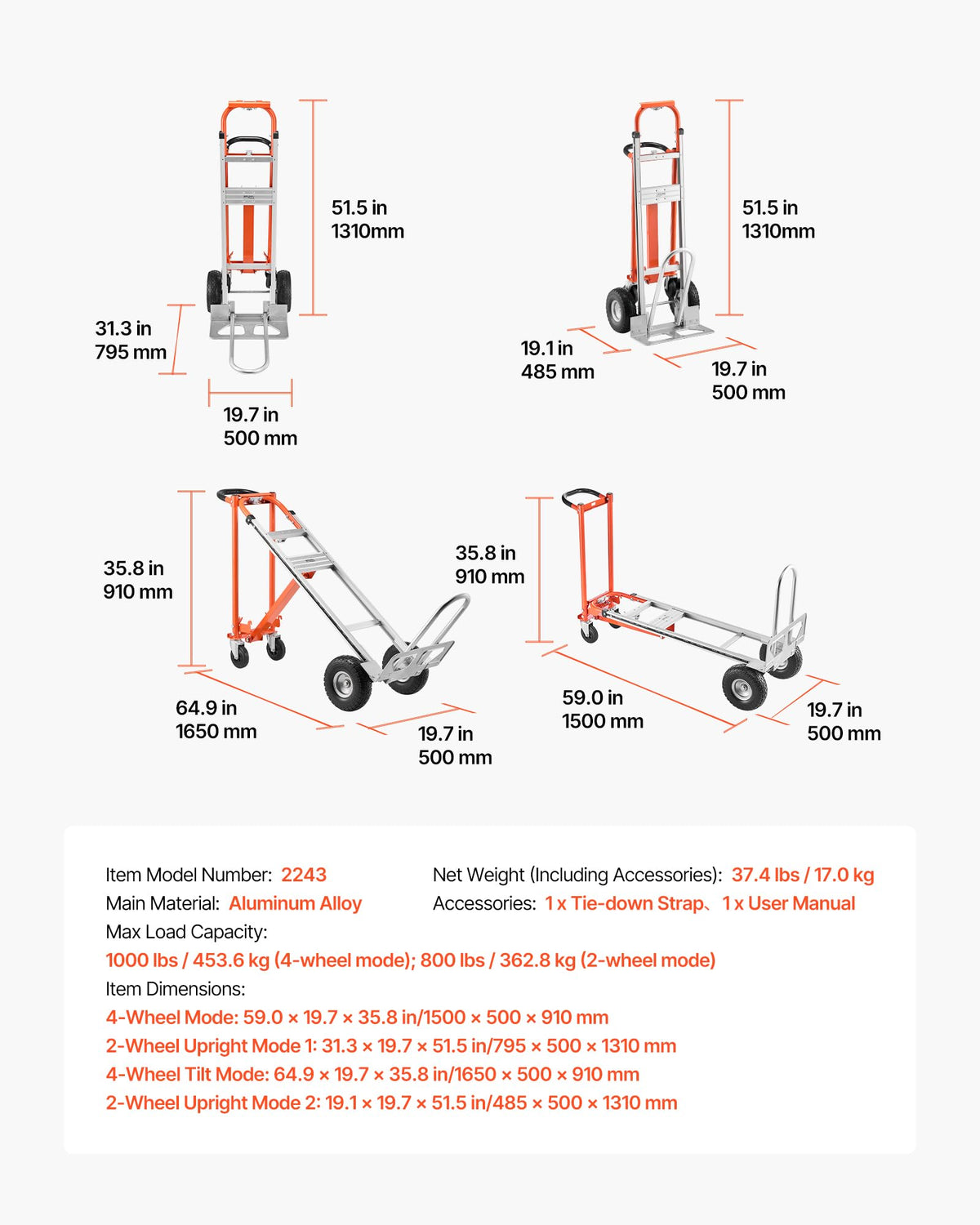 4 in 1 Hand Truck Dolly 1000 lbs Load Capacity W256