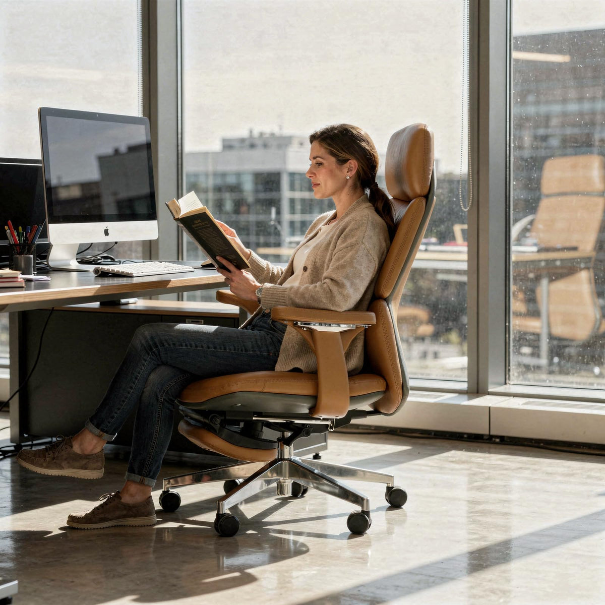 Ergonomic Genuine Leather Office Chair with Footrest J444464