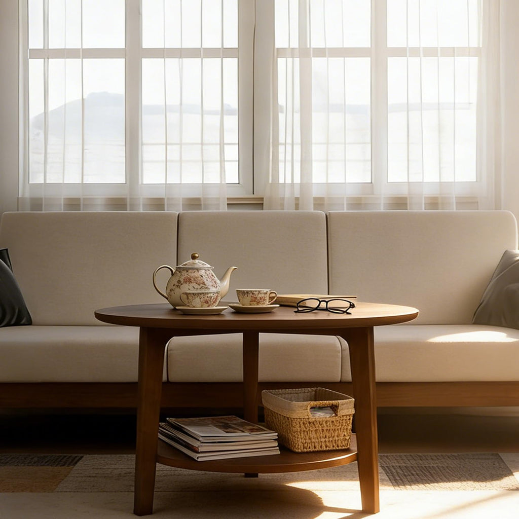 2-Tier Round Wood Coffee Table with Storage Shelf W5425