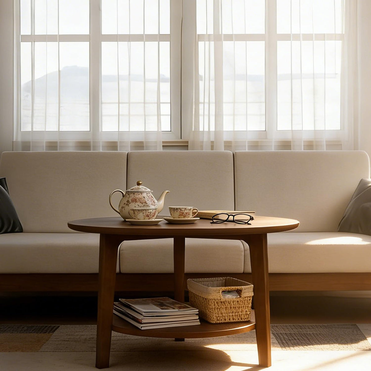 2-Tier Round Wood Coffee Table with Storage Shelf W5425