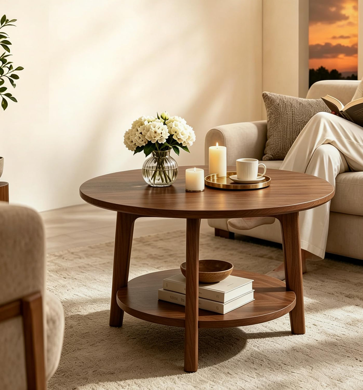 2-Tier Round Wood Coffee Table with Storage Shelf W5425