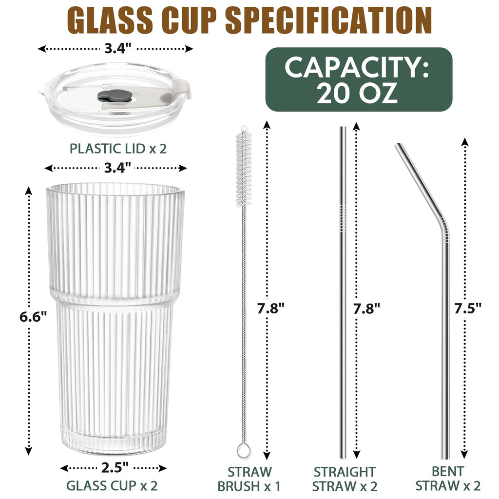 20 OZ Clear Ribbed Glass Cups with Lids and Straws 2 Pcs D804786