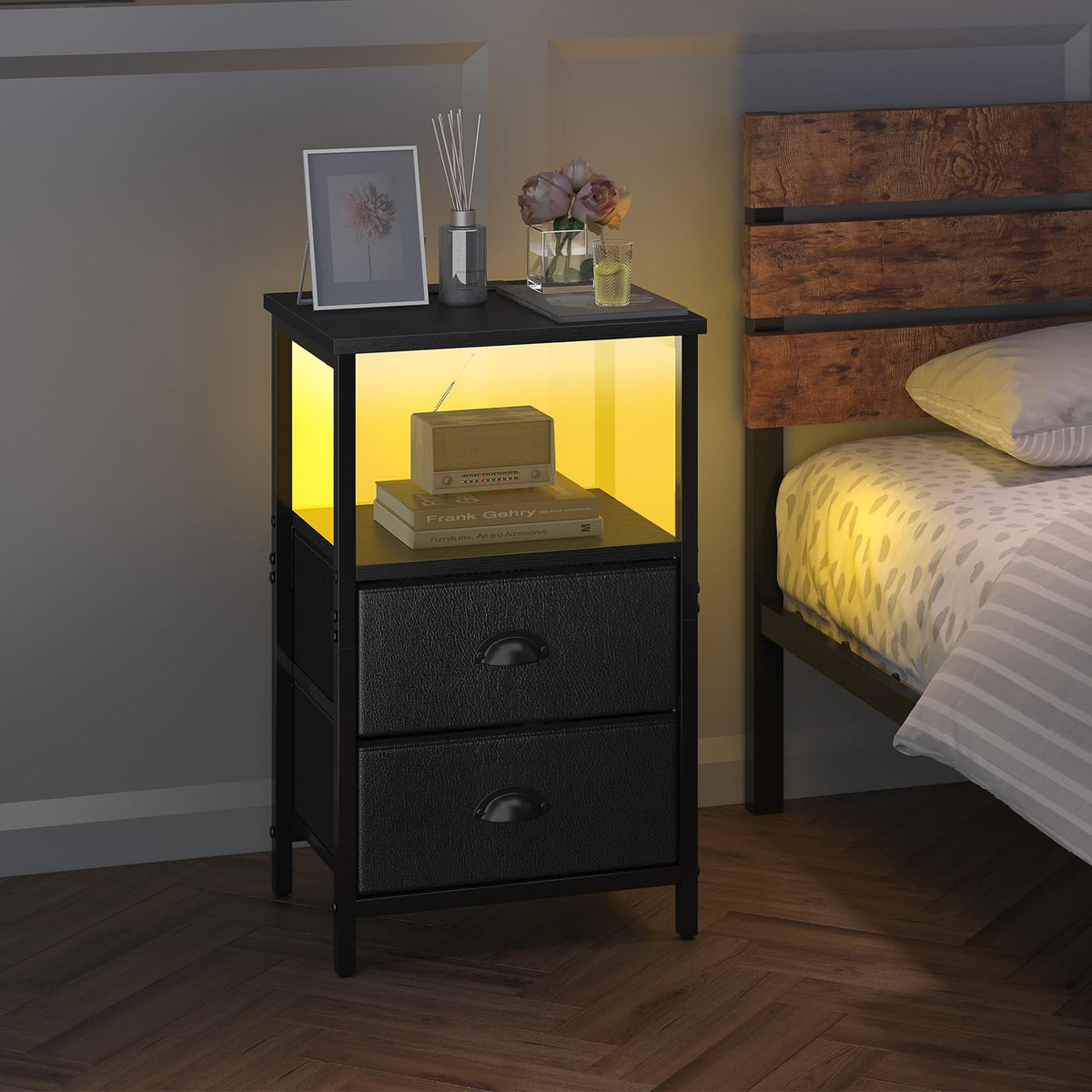 Black Nightstand with Charging Station and 2 Fabric Drawers V689