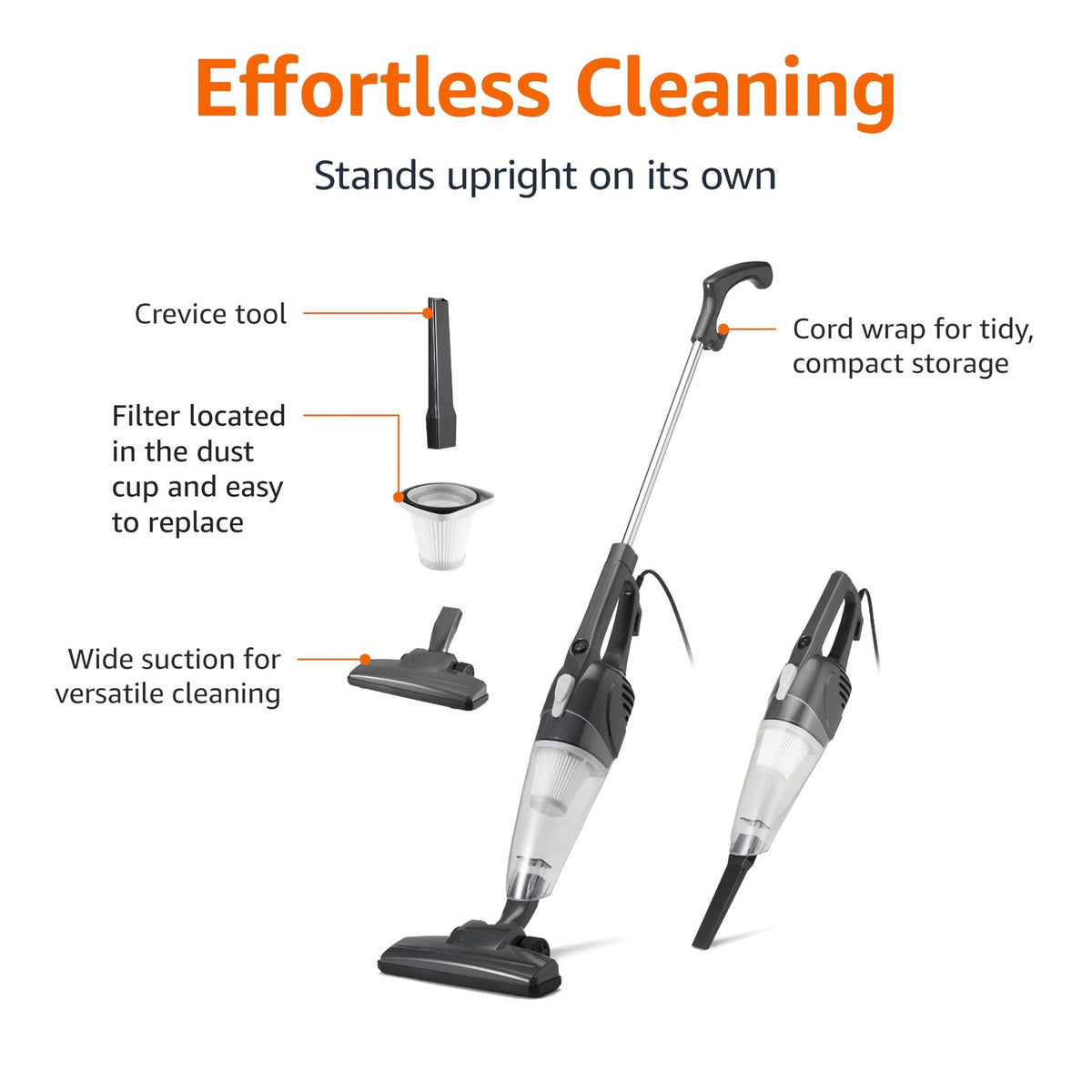 2-in-1 Corded Stick Vacuum Cleaner, Converts to Handheld, Lightweight, Black W9306