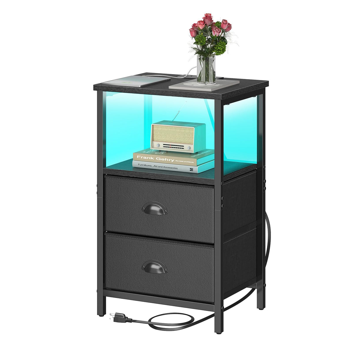 Black Nightstand with Charging Station and 2 Fabric Drawers V689