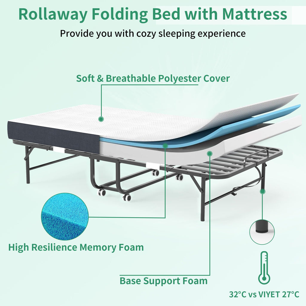 Folding Bed with Mattress, 5-Inch Memory Foam, 500lbs Capacity, Metal Frame V131656