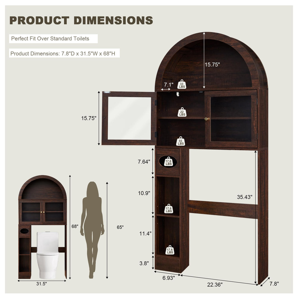 Over the Toilet Storage Cabinet with Arched Top, 68" Tall, Dark Walnut N9484