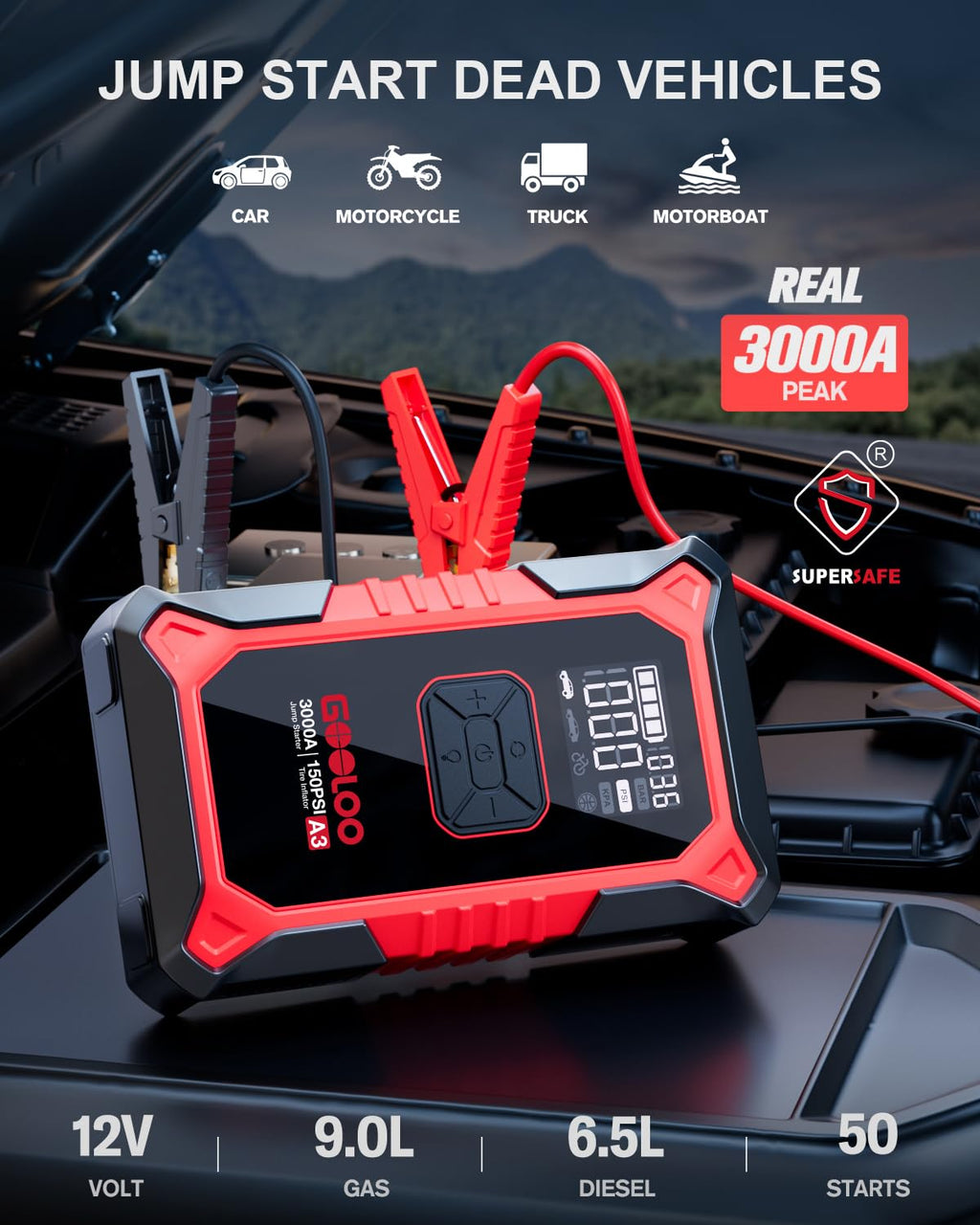 12V 3000A Portable Jump Starter with Air Compressor N28954