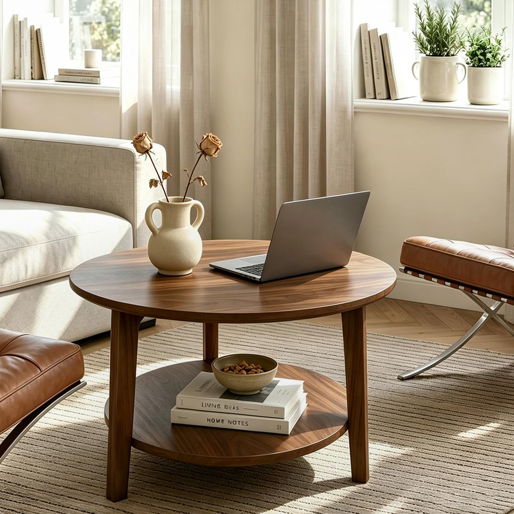 2-Tier Round Wood Coffee Table with Storage Shelf W5425