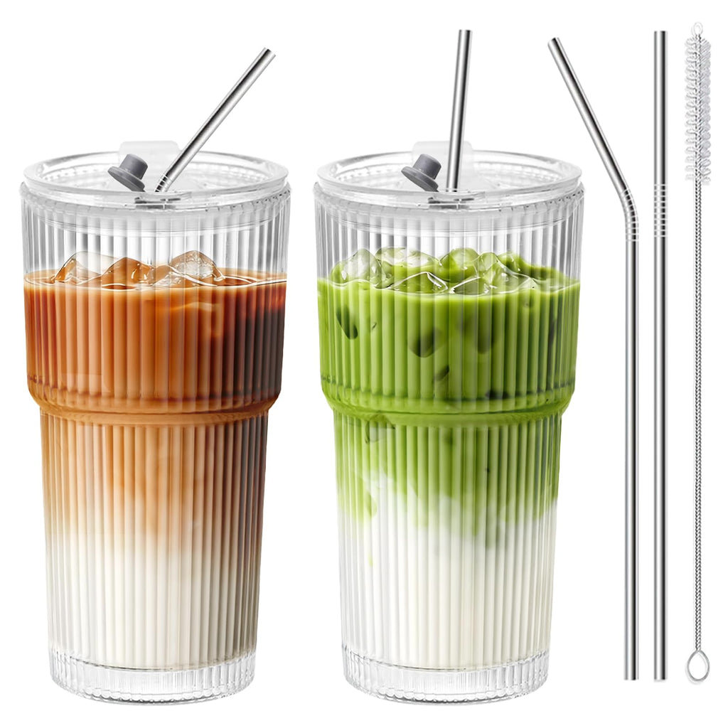 20 OZ Clear Ribbed Glass Cups with Lids and Straws 2 Pcs D804786