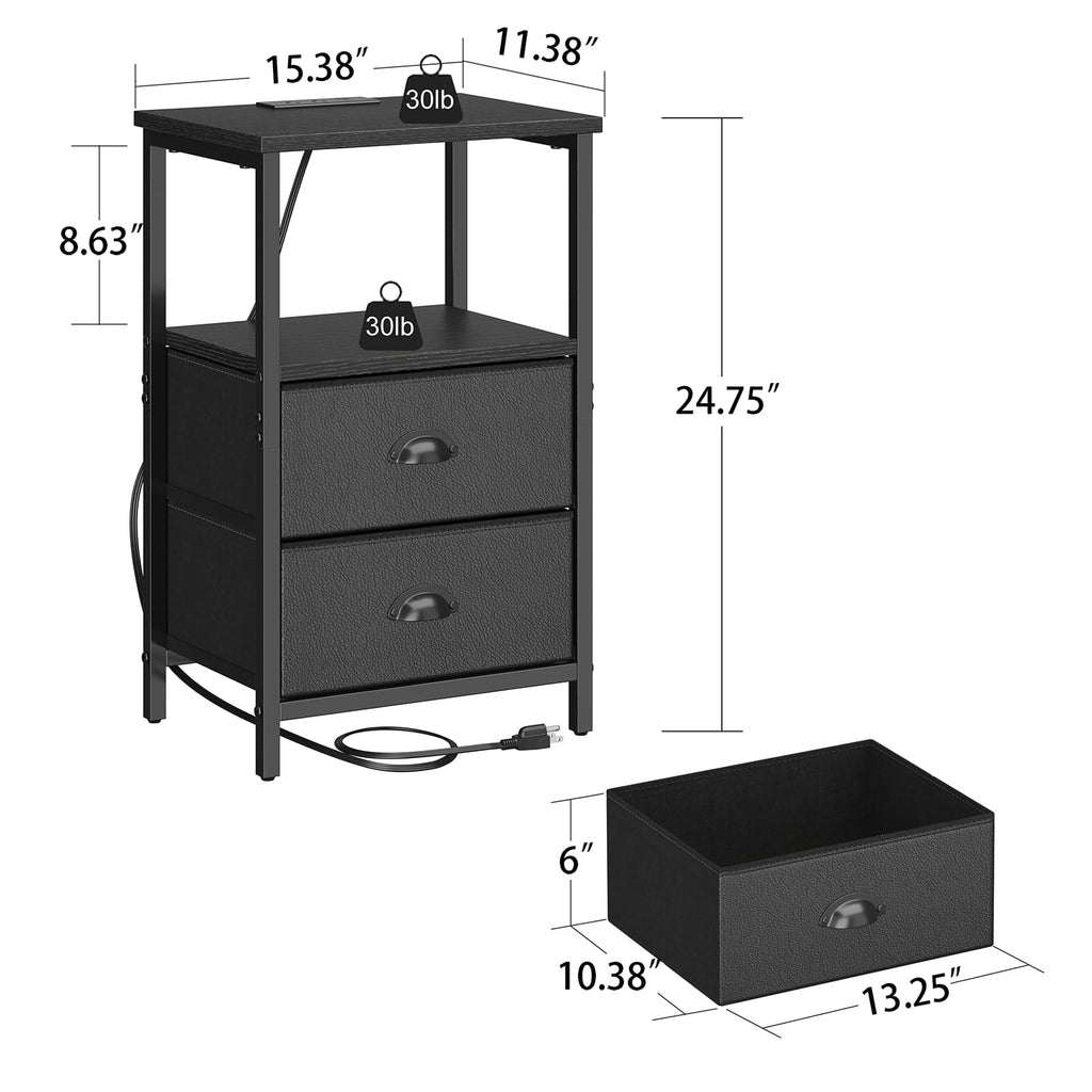 Black Nightstand with Charging Station and 2 Fabric Drawers V689