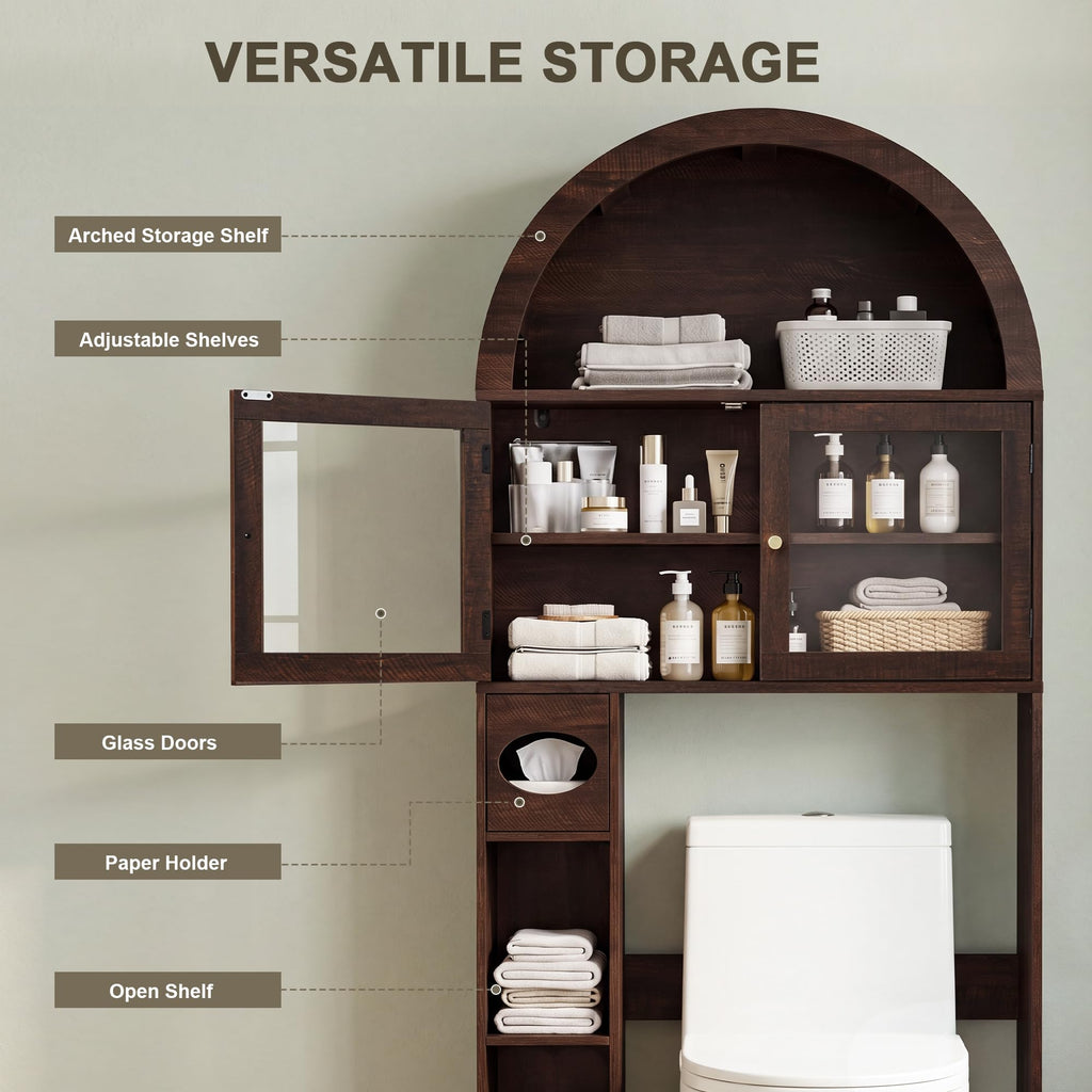 Over the Toilet Storage Cabinet with Arched Top, 68" Tall, Dark Walnut N9484