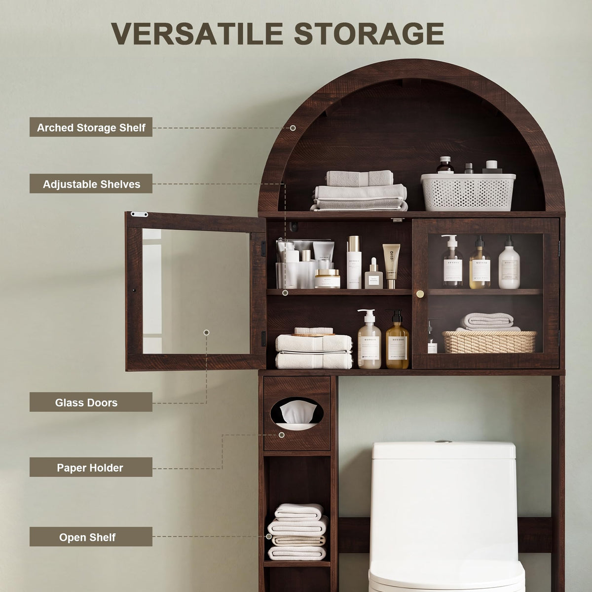 Over the Toilet Storage Cabinet with Arched Top, 68" Tall, Dark Walnut N9484