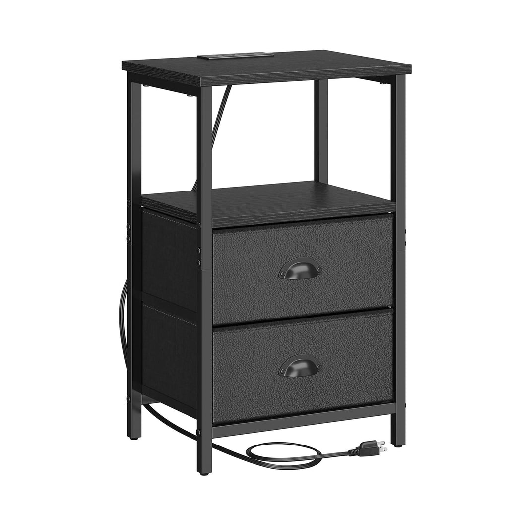 Black Nightstand with Charging Station and 2 Fabric Drawers V689
