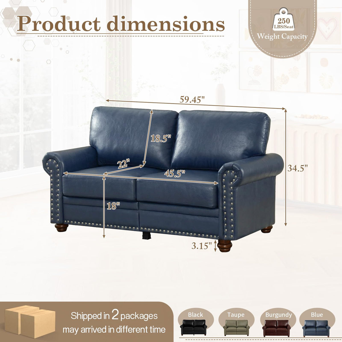 Navy Blue Faux Leather 2 Seater Sofa with Nailhead Trim J217