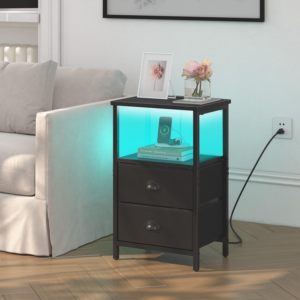 Black Nightstand with Charging Station and 2 Fabric Drawers V689
